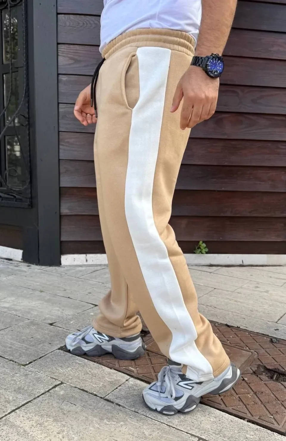 Erkek Üç İplik Kışlık Pamuklu Yandan Garneli Kalın Şeritli Cepli Eşofman Altı - Bej