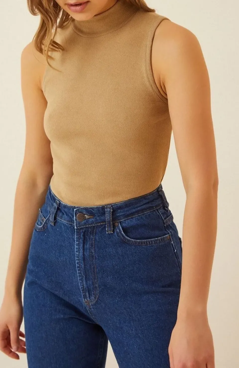 Kadın Full Likralı Fitilli Kaşkorse Body - Camel