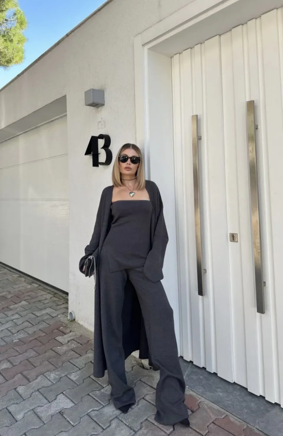 Kadın Triko Üçlü Takım - Füme