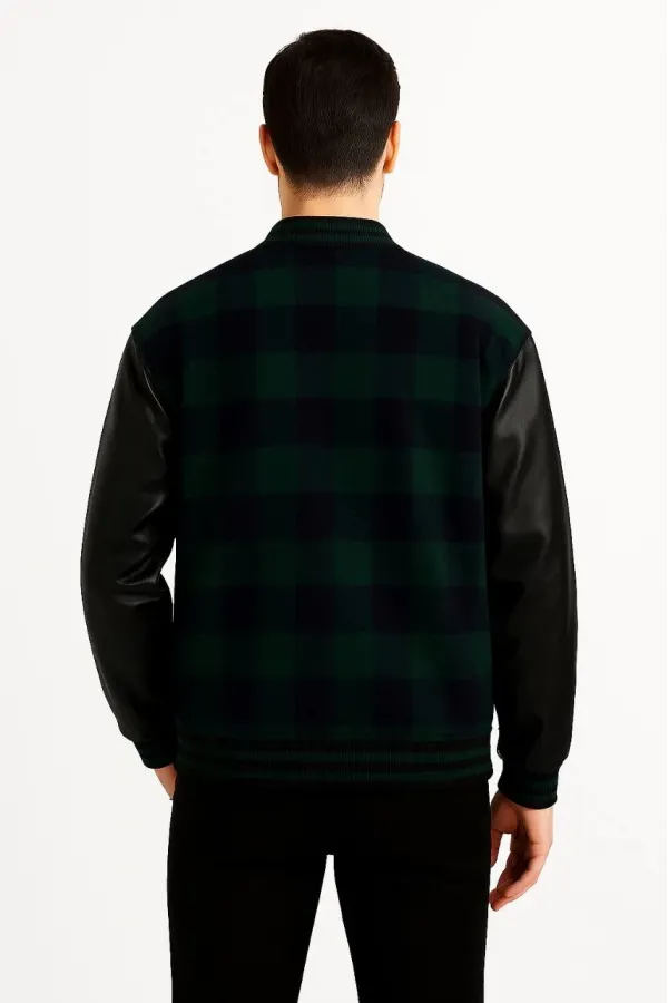 Erkek Kolej Ceket – Kareli Oduncu Kumaş, Kolları Suni Deri, Fermuarlı, İçi Kapitone Astarlı, Nakışlı Oversize Bahar & Kış Stil - Haki