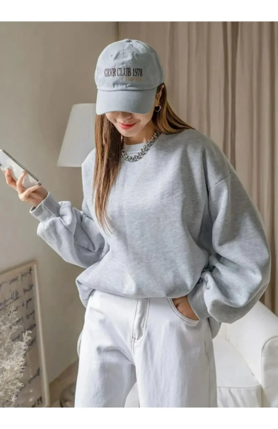 Kadın Düz Bisiklet Yaka Sweat - Gri