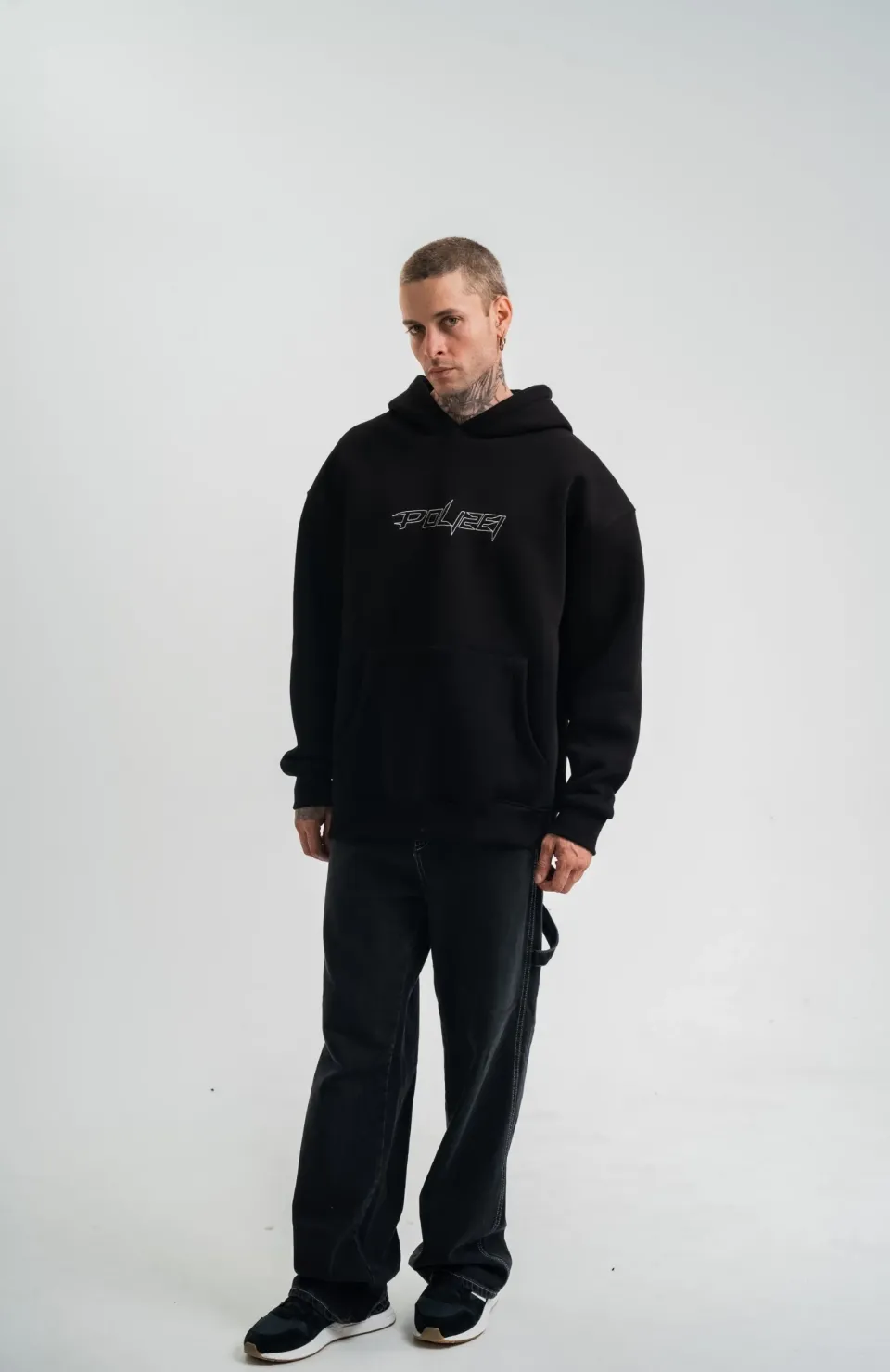 Unisex Üç İplik Kapşonlu Nakışlı SweatShirt - Siyah