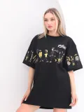 Unisex Bisiklet Yaka Baskılı Oversize T-Shirt - Siyah