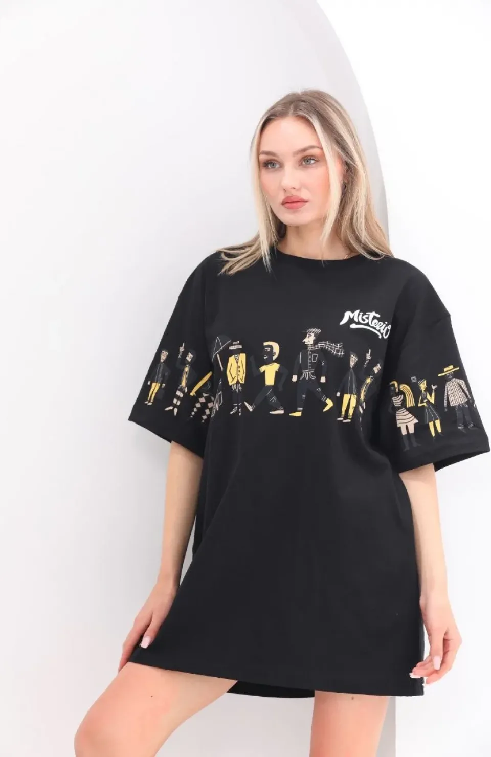 Unisex Bisiklet Yaka Baskılı Oversize T-Shirt - Siyah