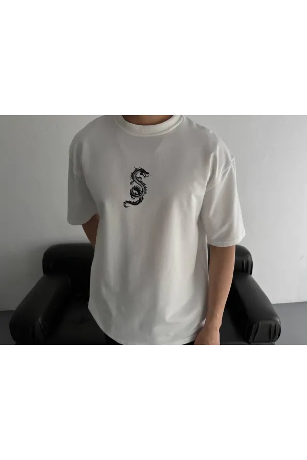 Baskılı Oversize Bisiklet Yaka T-shirt - Beyaz
