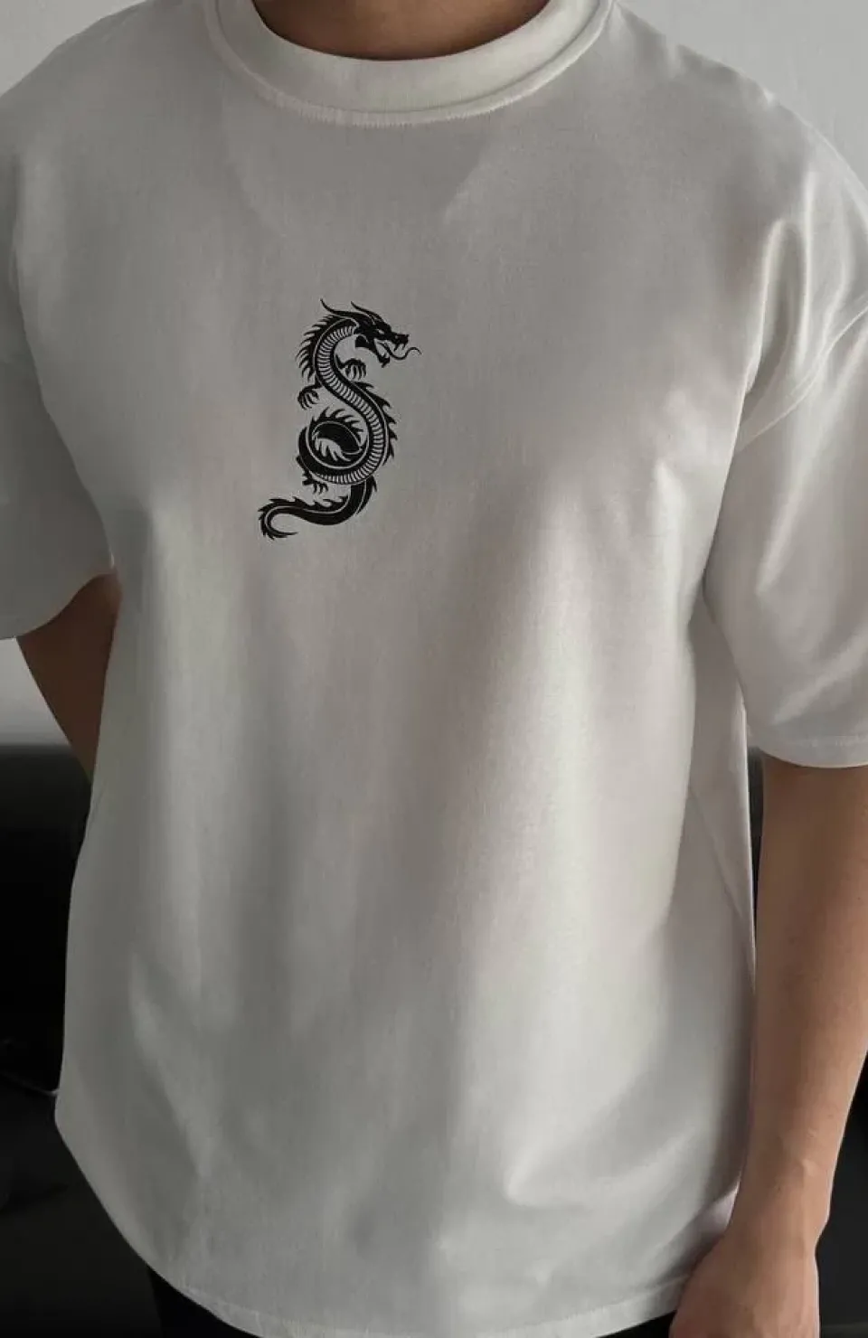 Baskılı Oversize Bisiklet Yaka T-shirt - Beyaz