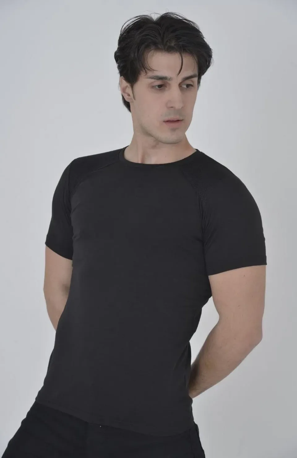 Erkek Omuz Fileli Slim Fit T-shirt - Siyah
