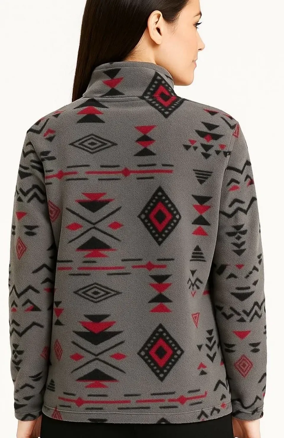 Kadın Yarım Fermuarlı Desenli Polar Sweat Tribal Etnik Desen Yakalı, Uzun Kollu, Oversize Rahat Kalıp - Füme