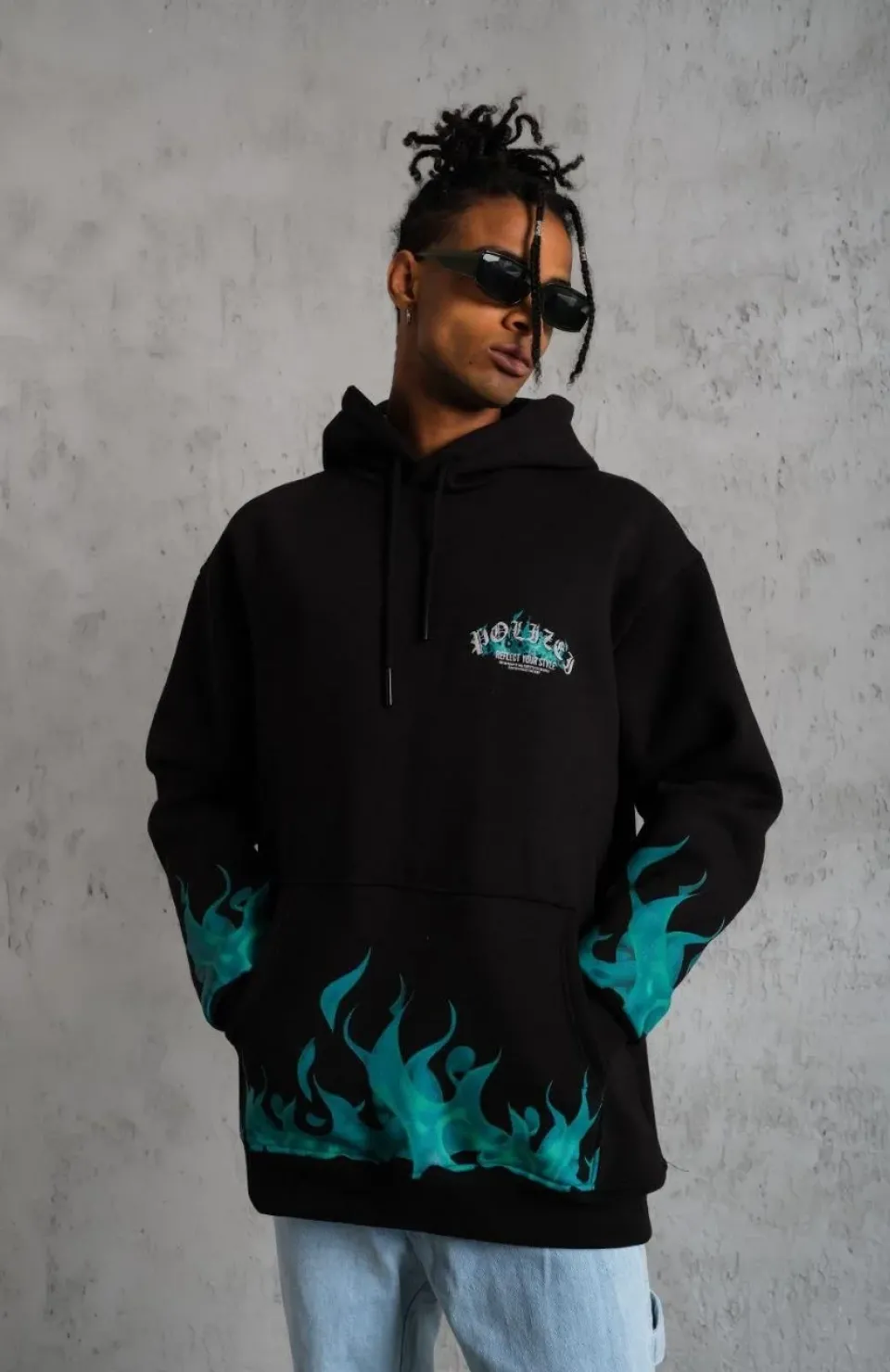 Erkek Üç İplik İçi Pamuklu Alev Baskılı Kapüşonlu Sweatshirt - Siyah Somersan Giyim | Kadın, Erkek ve Çocuk Moda