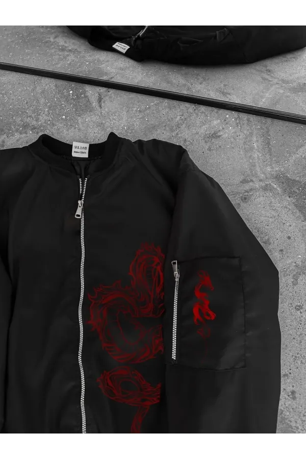 Erkek Unisex Siyah Bomber Mont – Kırmızı Ejderha Desenli, Fermuarlı Cepli, Kapitone Astarlı Günlük ve Sokak Modası Ceket - Siyah
