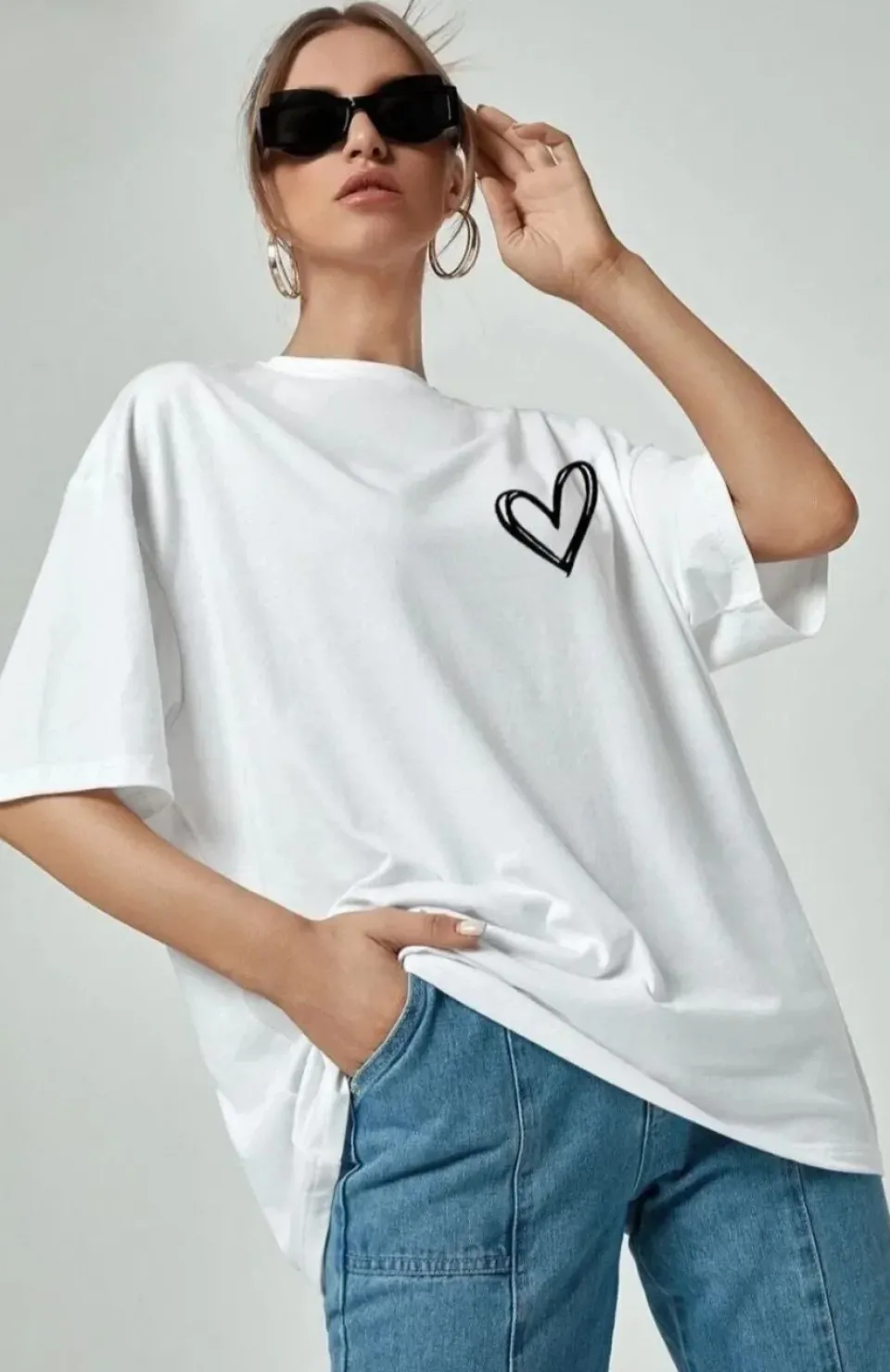 Kadın Bisiklet Yaka Baskılı Oversize T-Shirt - Beyaz