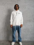 Erkek Oversize Üç İplik Kapüşonlu Sweat – Kol ve Etek Ribana Detaylı, Ön ve Sırt Baskılı, Kanguru Cepli Rahat Kalıp Model - Beyaz