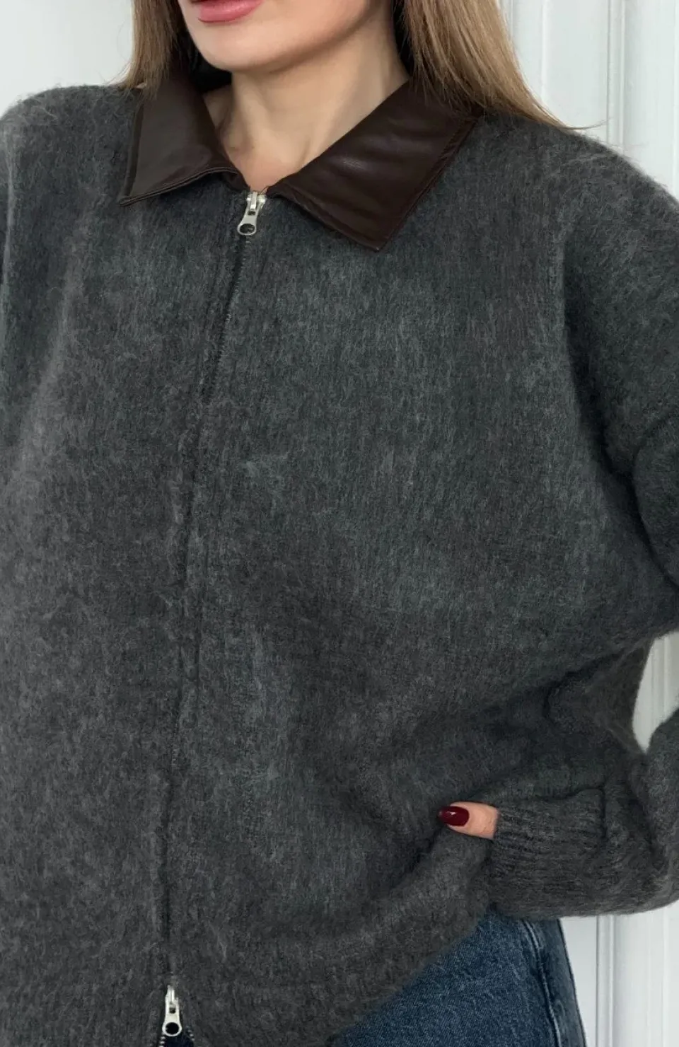 Deri Yakalı Pamuk dokulu Çift Taraflı Çalışan Fermuar Ceket - Füme