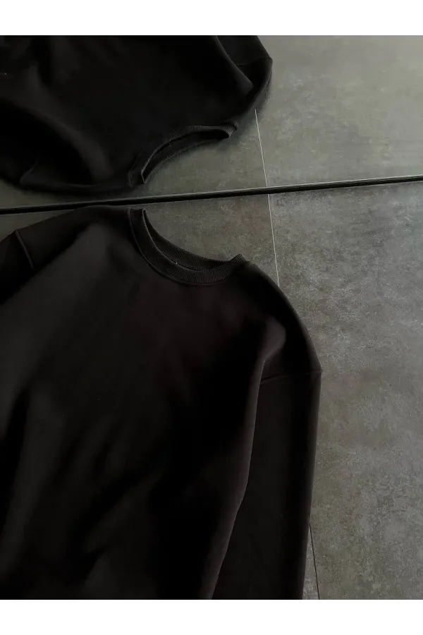 Kışlık Bisiklet Yaka Üç İplik Basic SweatShirt - Siyah