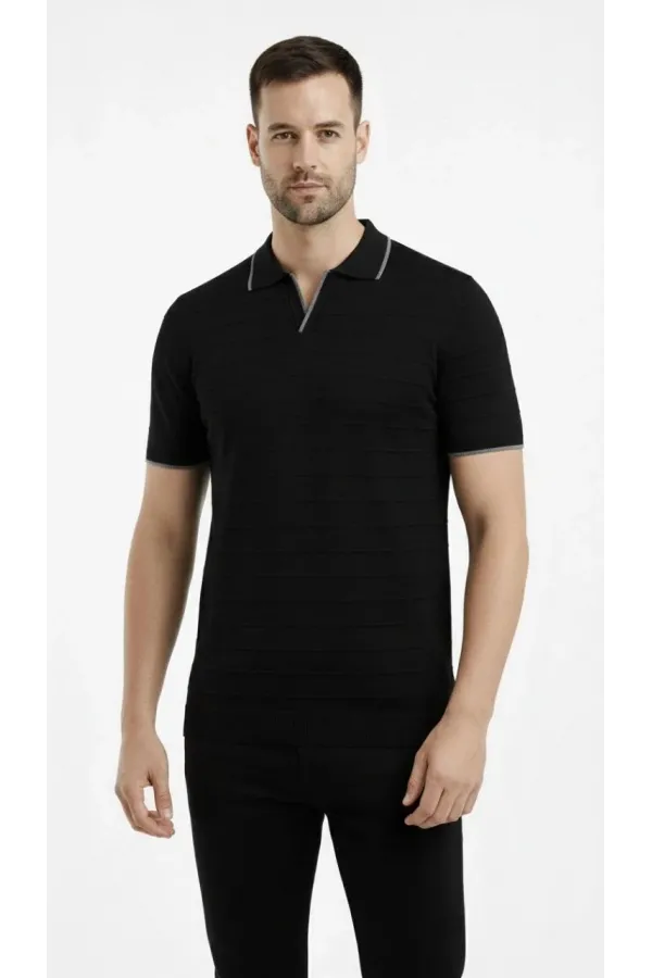 Erkek Triko Kumaş Yakalı Düğmesiz Açık Yaka Fitilli Kısa Kollu Regular Fit Tişört T-shirt - Siyah