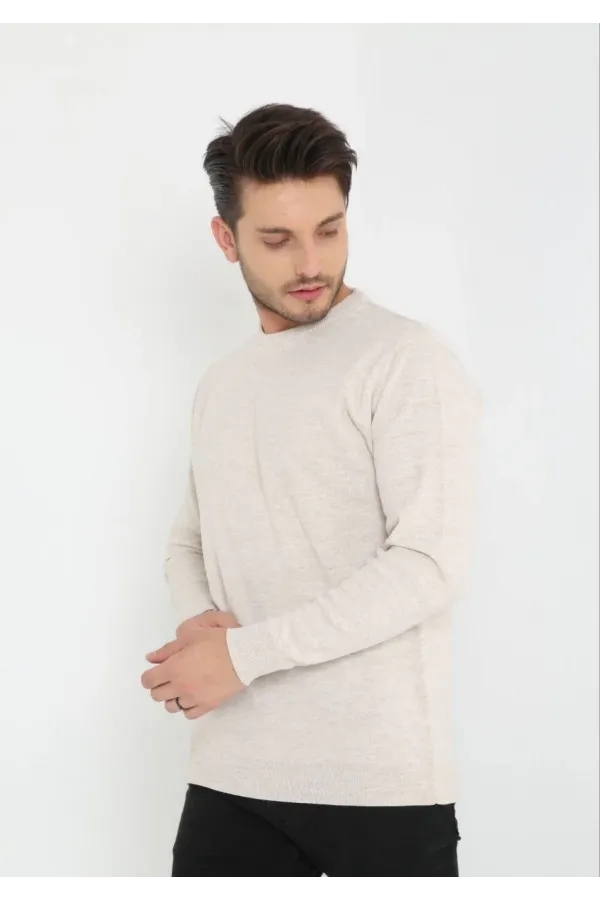 Unisex Uzun Kol Biskilet Yaka Dokuma Triko - Bej