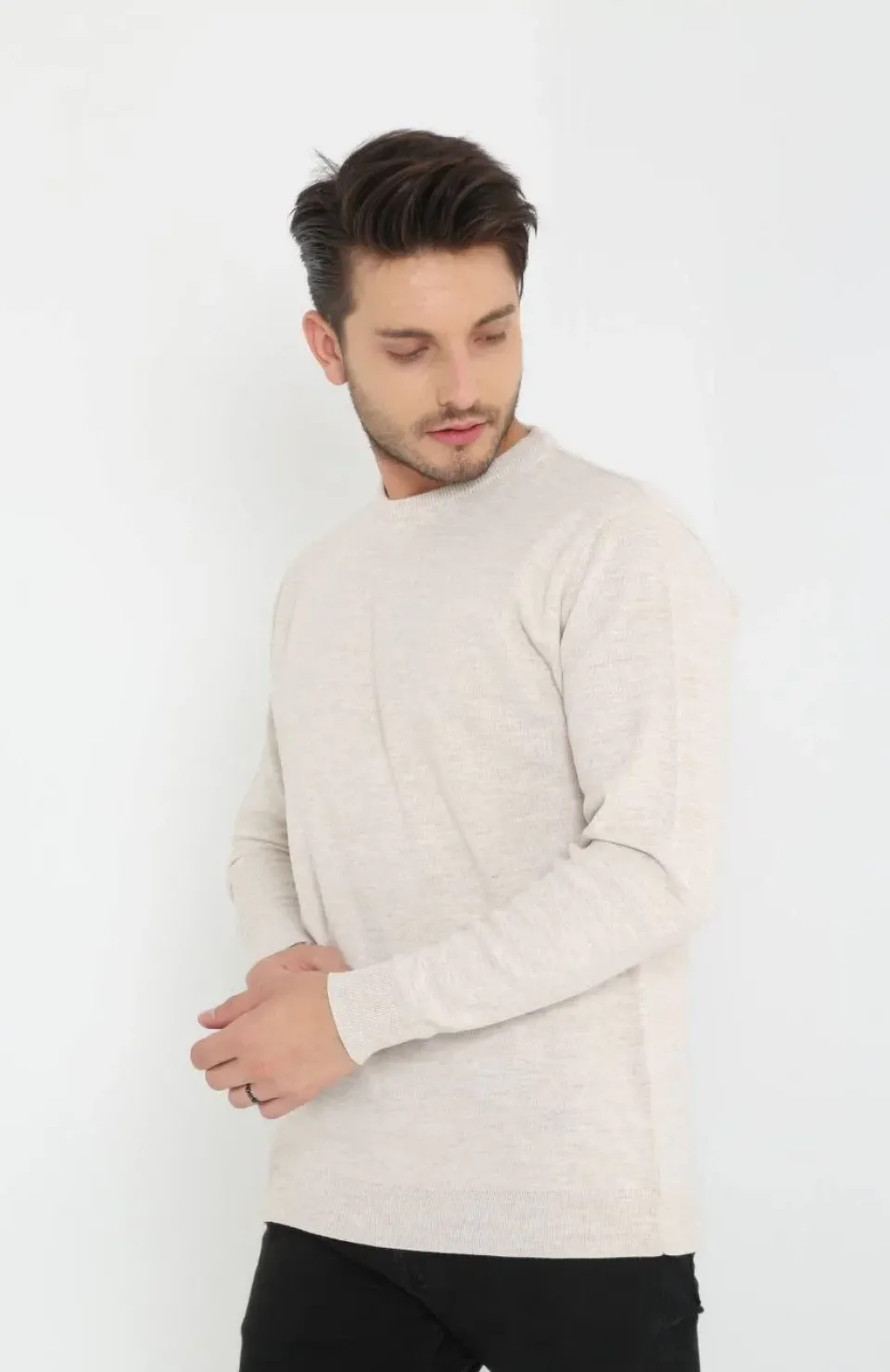 Unisex Uzun Kol Biskilet Yaka Dokuma Triko - Bej