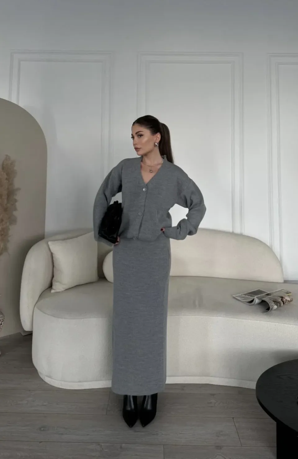 V Yaka 3 Düğmeli Hırka Takım Triko İkili Etekli - Gri