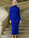 Kadın Boğazlı Uzun Fitilli Tesettüre Uygun Triko Dokuma Elbise - Saks Mavisi