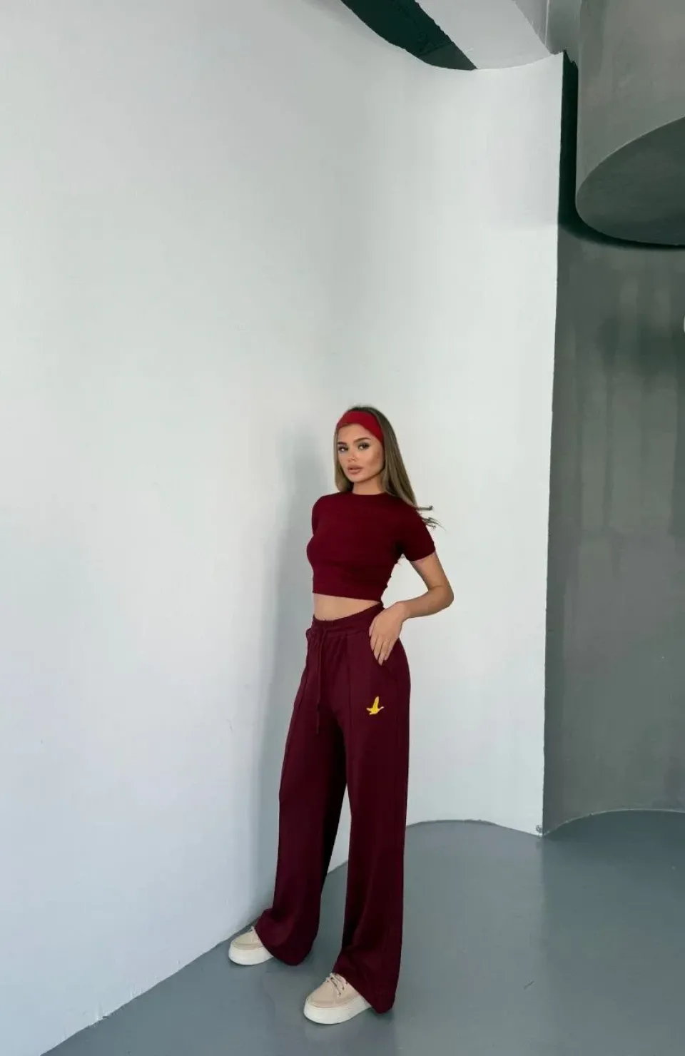 Osy Modal Yumuşak Dokulu Kumaş Nakış işlemeli Rahat Bol Paça Eşofman Pantalon - Bordo