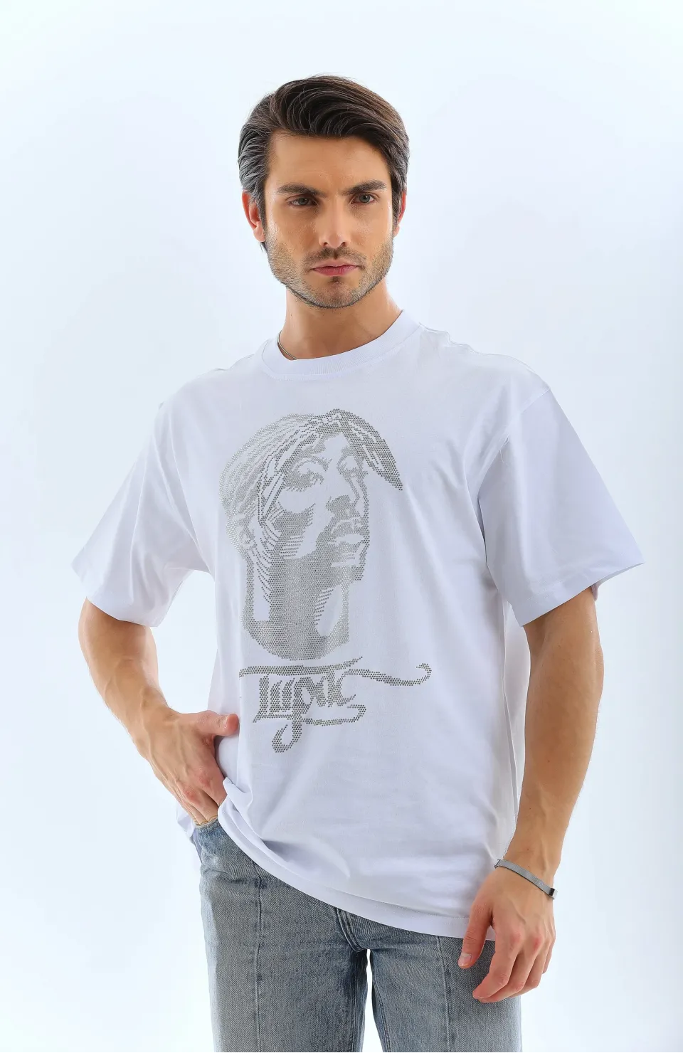 Unisex Oversize Taşlı Bisiklet Yaka T-Shirt - Beyaz