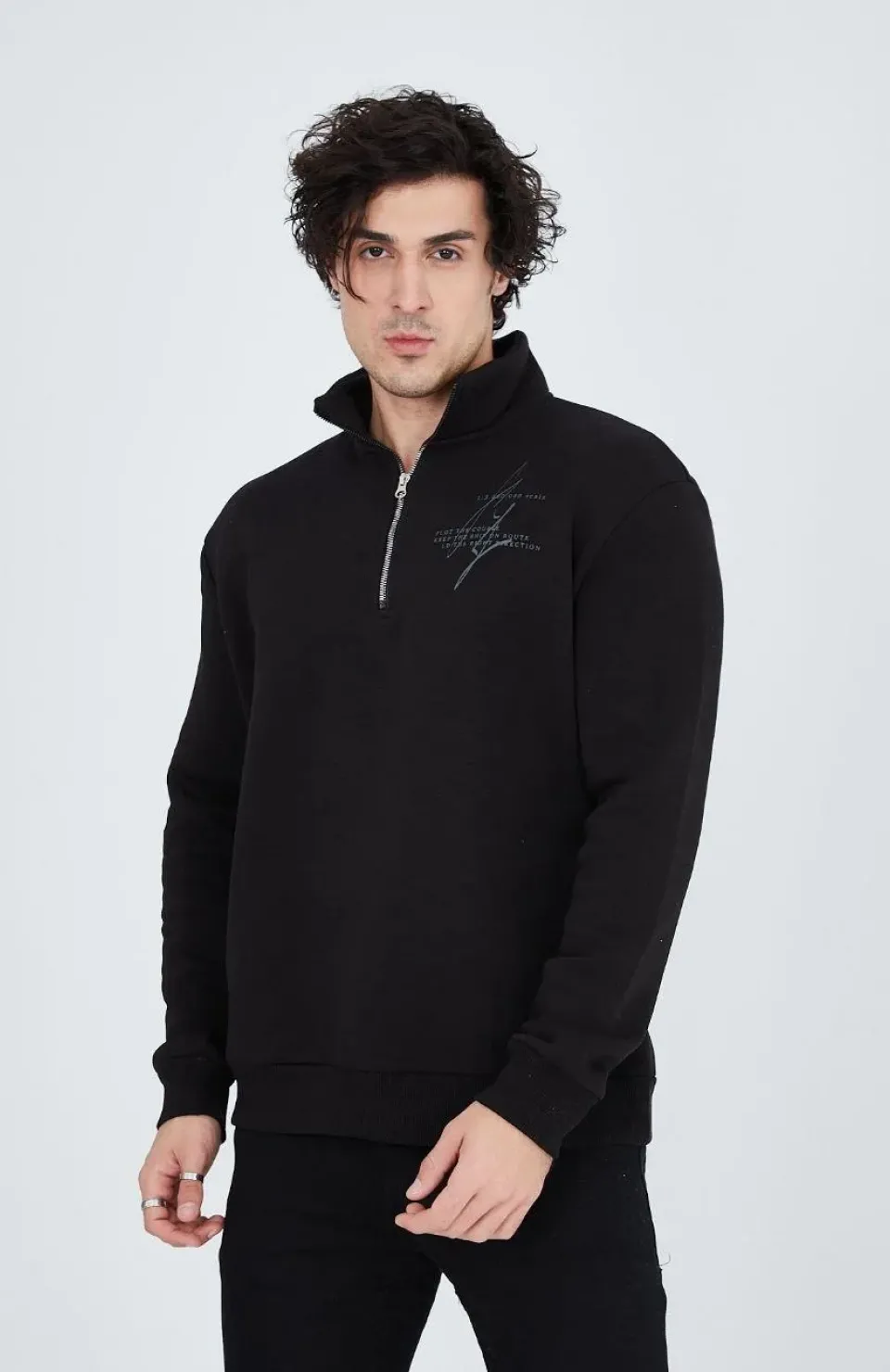 Erkek Yarım Fermuarlı Baskılı Sweat - Siyah Somersan Giyim | Kadın, Erkek ve Çocuk Moda