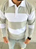 Erkek Polo Yaka Uzun Kollu Çizgili Sweatshirt Trend Rugby Stil - Mint Yeşili