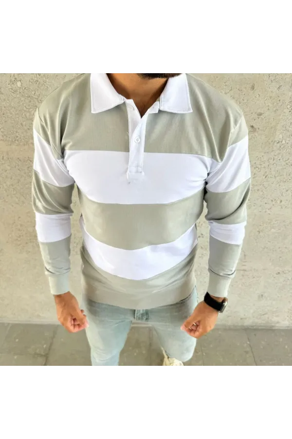 Erkek Polo Yaka Uzun Kollu Çizgili Sweatshirt Trend Rugby Stil - Mint Yeşili