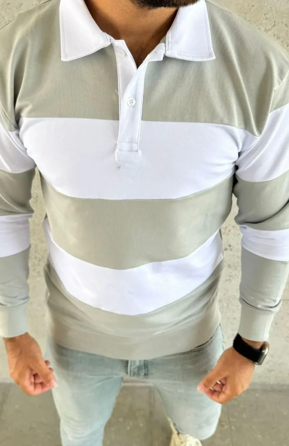 Erkek Polo Yaka Uzun Kollu Çizgili Sweatshirt Trend Rugby Stil - Mint Yeşili