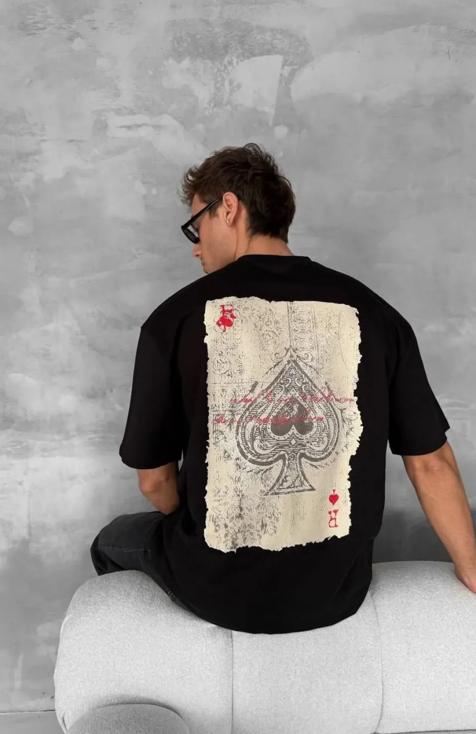 Ön ve Arka Baskılı Oversize Bisiklet Yaka T-shirt - Siyah