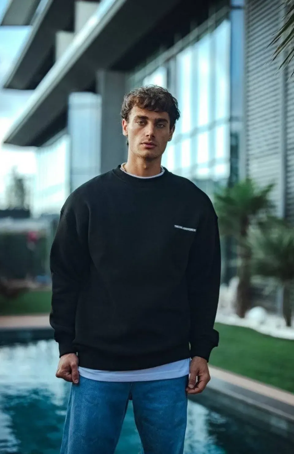 Kışlık Bisiklet Yaka Oversize Baskılı SweatShirt - Siyah