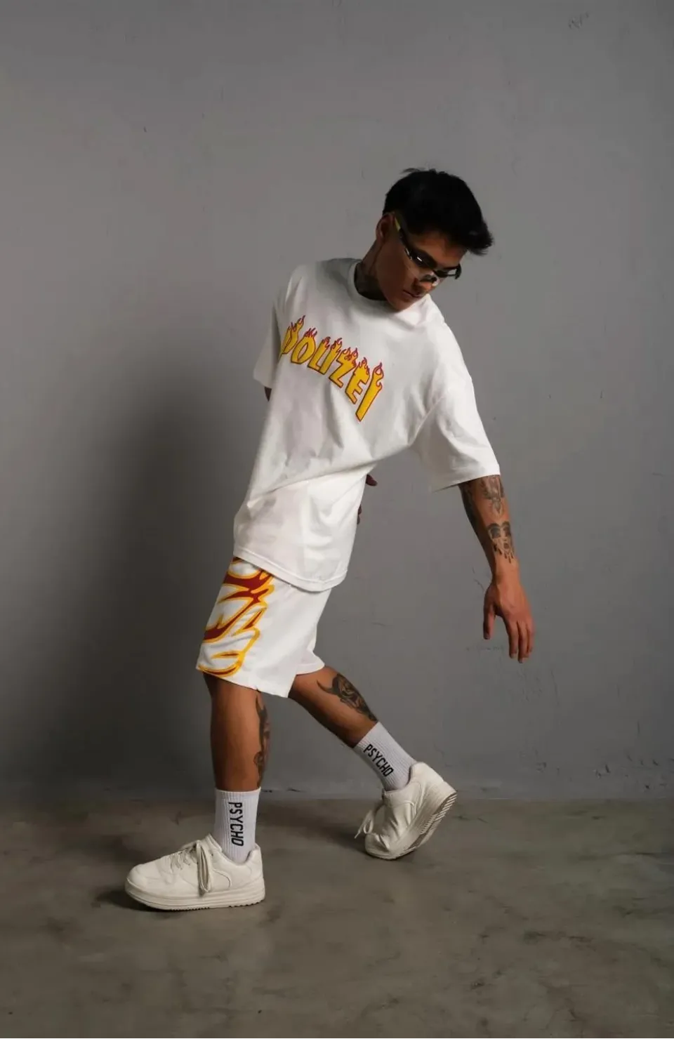 Erkek Alev Baskılı İkili Şortlu Takım - Beyaz