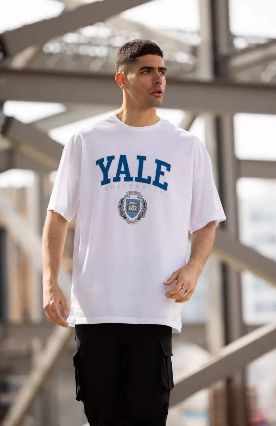 Unisex Bisiklet Yaka Baskılı Oversize T-Shirt - Beyaz