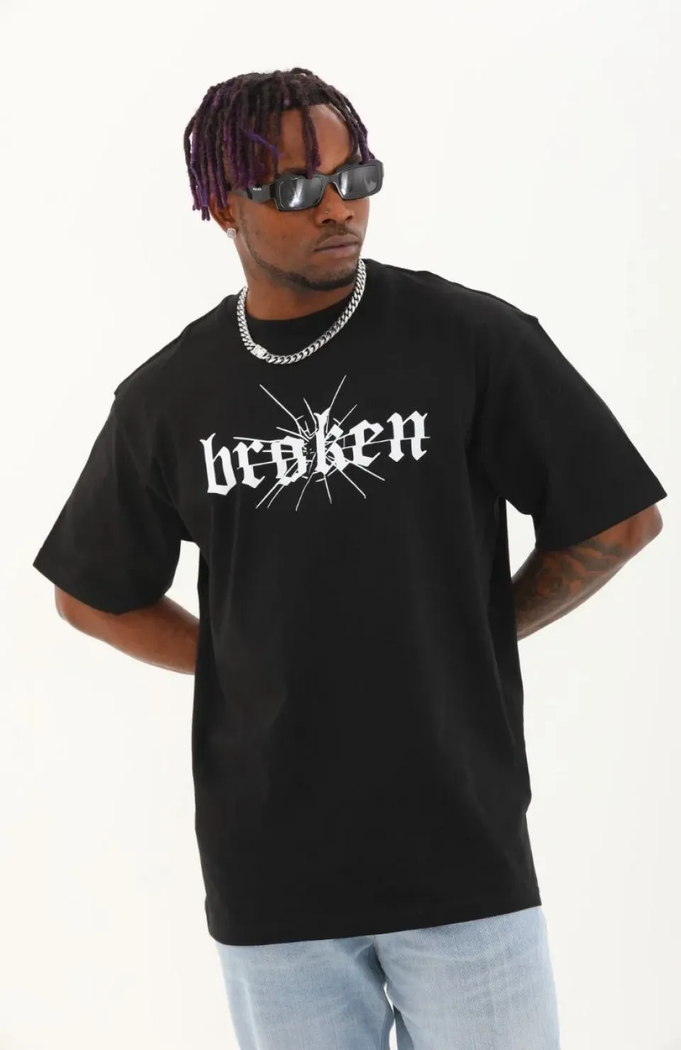 Unisex Oversize Baskılı Bisiklet Yaka T-Shirt - Siyah