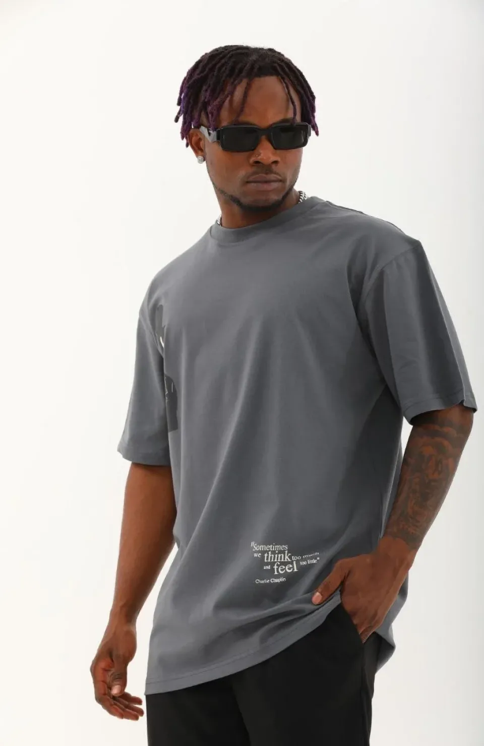 Unisex Oversize Baskılı Bisiklet Yaka T-Shirt - Füme