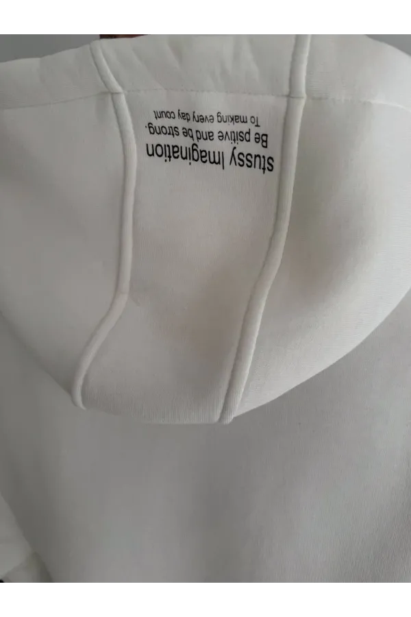 Üç İplik Kapşonlu Baskılı SweatShirt - Beyaz