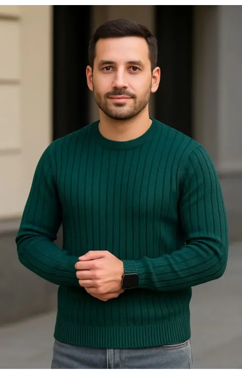 Erkek Bisiklet Yuvarlak Yaka Triko Kazak Pamuklu Kalın Fitilli Dokuma, Regular Fit Uzun Kollu Kışlık Model - Haki