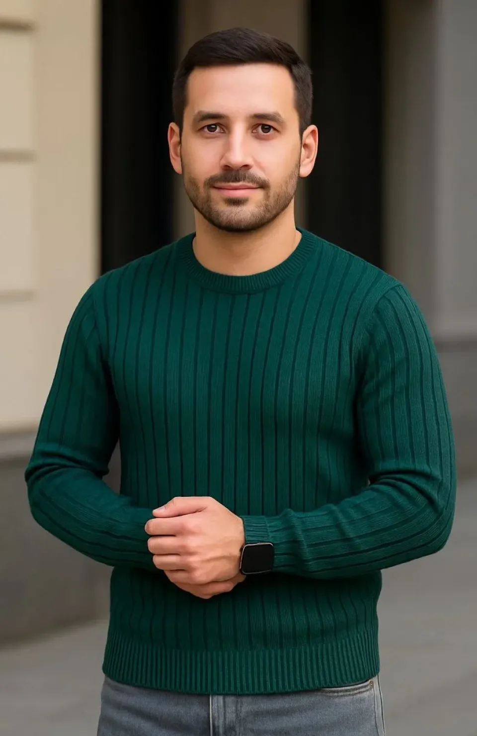 Erkek Bisiklet Yuvarlak Yaka Triko Kazak Pamuklu Kalın Fitilli Dokuma, Regular Fit Uzun Kollu Kışlık Model - Haki