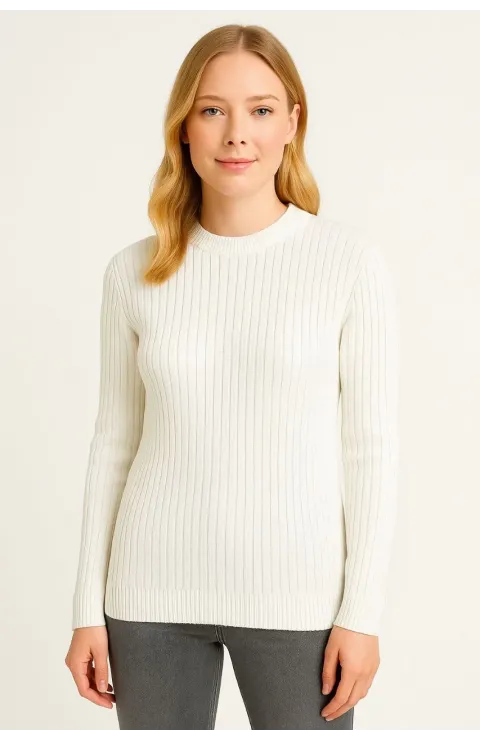 Kadın Bisiklet Yuvarlak Yaka Triko Kazak Pamuklu Kalın Fitilli Dokuma, Regular Fit Uzun Kollu Kışlık Model - Beyaz