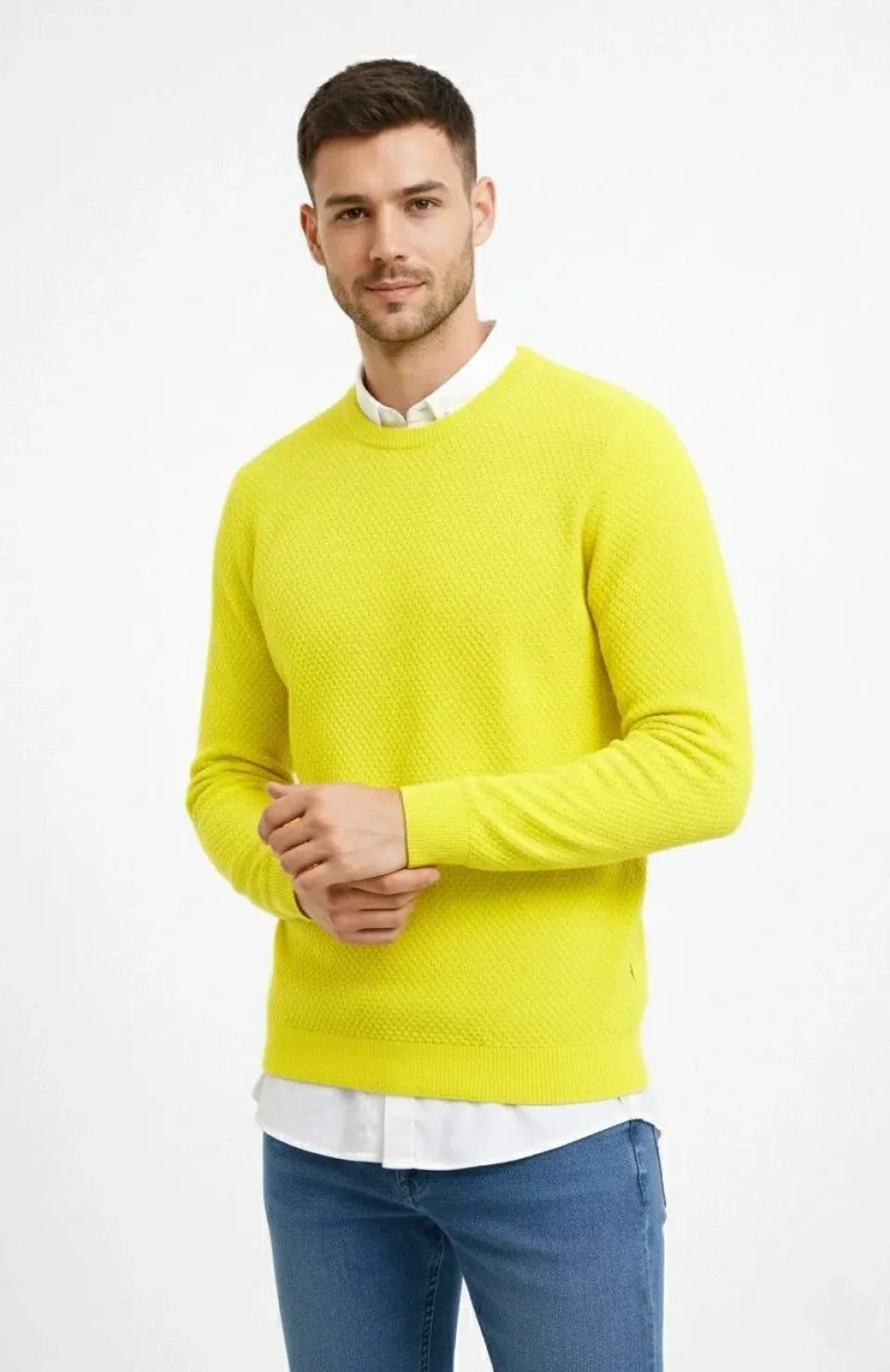 Erkek Bisiklet Yaka Petekli dokulu Triko Kazak Pamuklu ince Dokuma, uzun kollu Rahat Regular kalıp - Sarı Somersan Giyim | Kadın, Erkek ve Çocuk Moda