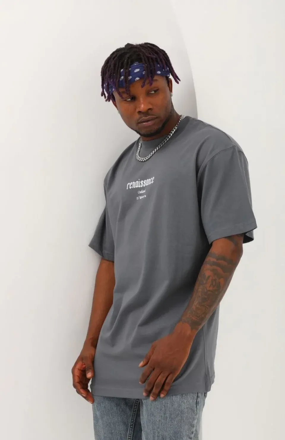 Unisex Oversize Baskılı Bisiklet Yaka T-Shirt - Füme