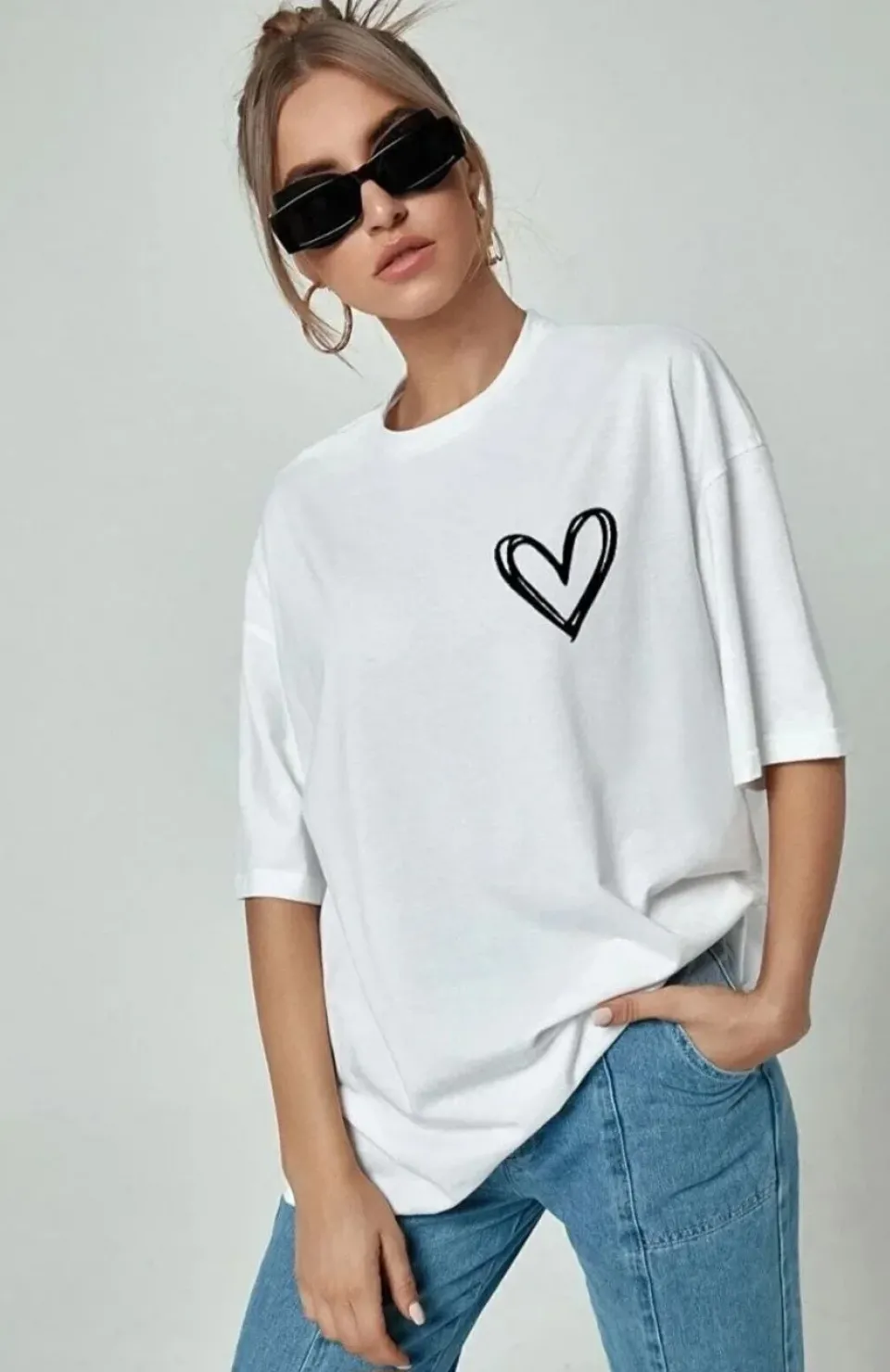 Kadın Bisiklet Yaka Baskılı Oversize T-Shirt - Beyaz