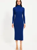 Kadın Boğazlı Triko Elbise – Uzun Fitilli Esnek Dokuma, Tam Kalıp, Kışlık & Baharlık Şık Rahat Stil, 130 cm Midi Boy Elbise - Saks Mavisi