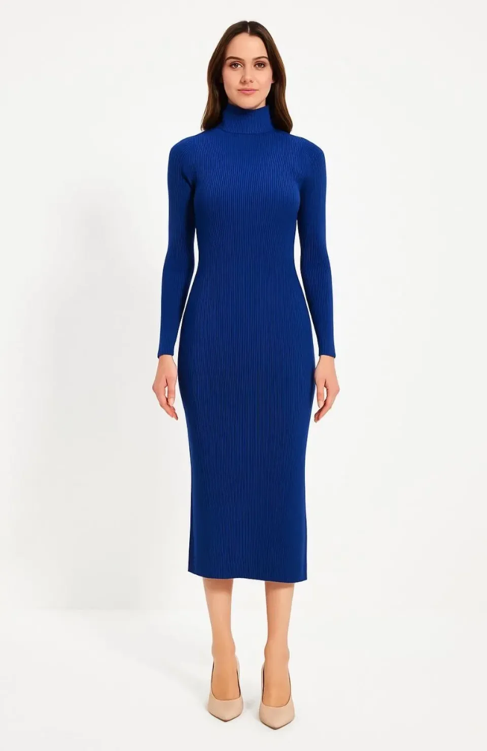 Kadın Boğazlı Triko Elbise – Uzun Fitilli Esnek Dokuma, Tam Kalıp, Kışlık & Baharlık Şık Rahat Stil, 130 cm Midi Boy Elbise - Saks Mavisi