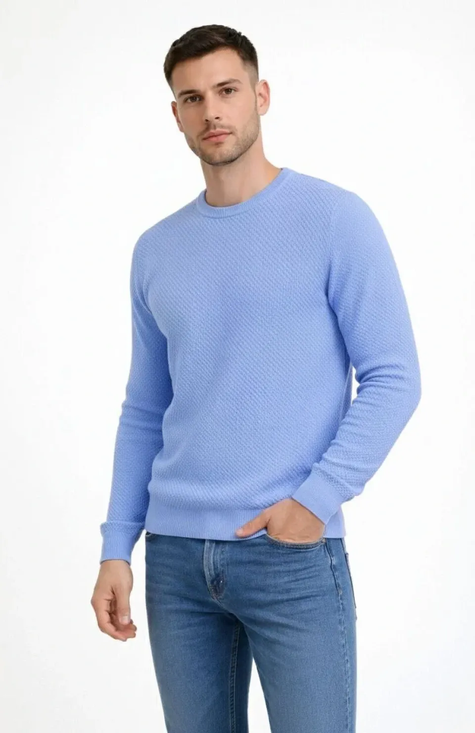 Erkek Bisiklet Yaka Petekli dokulu Triko Kazak Pamuklu ince Dokuma, uzun kollu Rahat Regular kalıp - Mavi Somersan Giyim | Kadın, Erkek ve Çocuk Moda