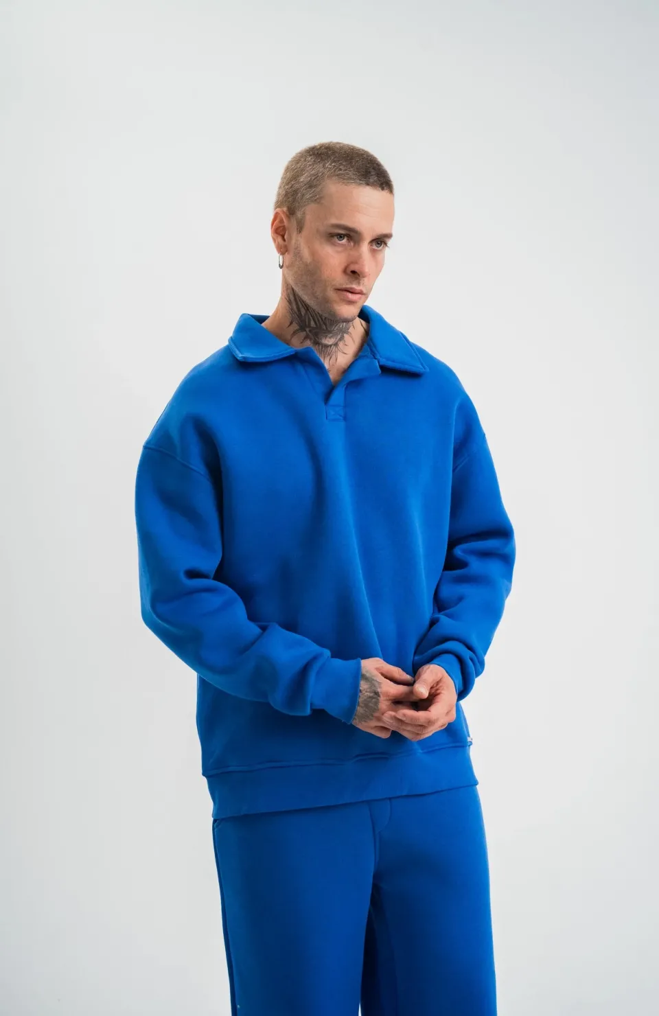 Unisex Double Oversize Patlı Yaka SweatShirt - Mavi