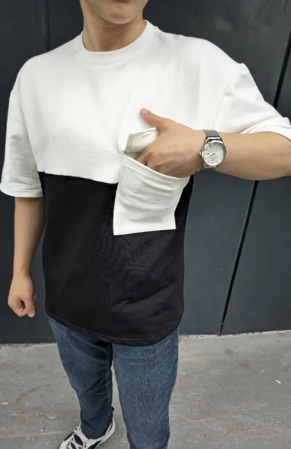 Unisex Torba Cep Detaylı Parçalı T-Shirt - Siyah