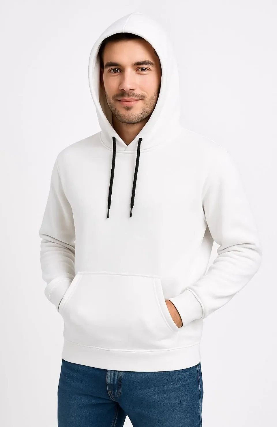 Erkek Üç İplik Kapüşonlu Kanguru Cepli SweatShirt hoodie - Beyaz