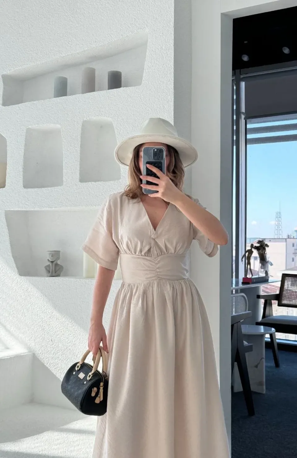 Kısa Kollu Uzun Elbise - Kırık Beyaz