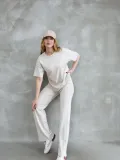 Osy Modal Yumuşak dokulu Kumaş Bisiklet Yaka Taş detaylı Kısa Kollu Takım - Kırık Beyaz